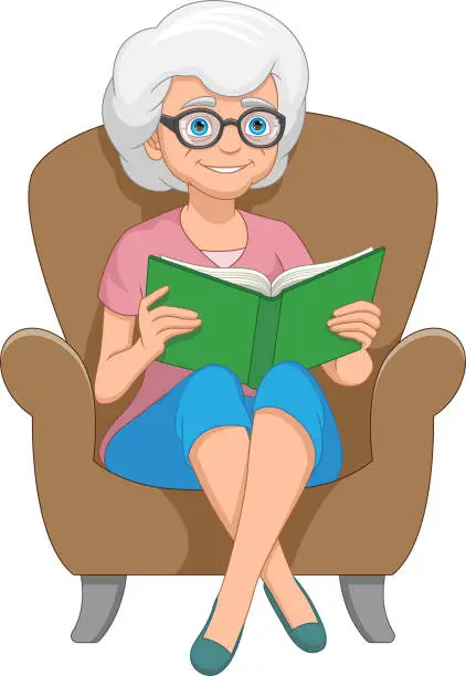 Vector illustration of Senior woman reading a book on a cartoon chair