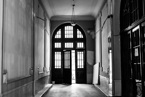 Gate in Tenement House, Tunnel, Door. Black and White. Krakow.