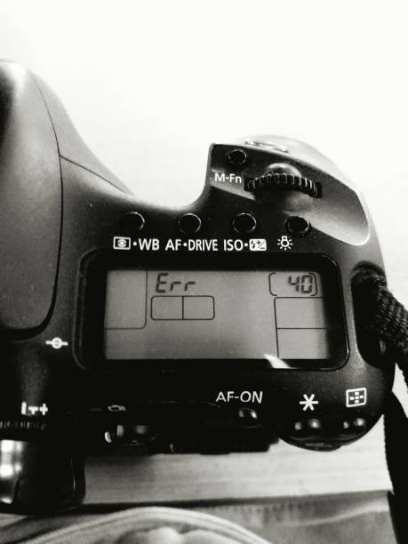 istock Closeup digital camera with error 40 message on display in black and white or monochrome tone. Broken, Failure, Information and notice of electronic device. 1763351435