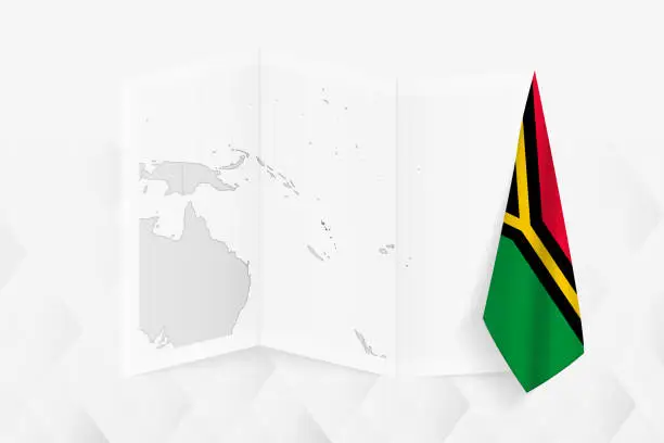 Vector illustration of A grayscale map of Vanuatu with a hanging Vanuatu flag on one side. Vector map for many types of news.