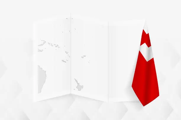 Vector illustration of A grayscale map of Tonga with a hanging Tongan flag on one side. Vector map for many types of news.