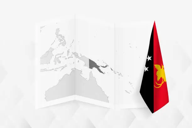 Vector illustration of A grayscale map of Papua New Guinea with a hanging Papua New Guinean flag on one side. Vector map for many types of news.