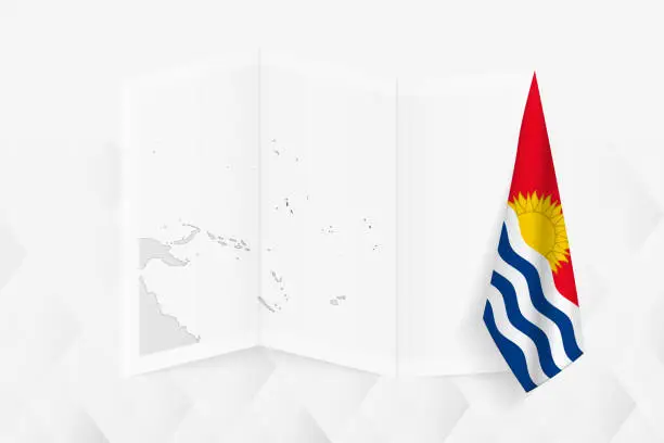 Vector illustration of A grayscale map of Kiribati with a hanging Kiribati flag on one side. Vector map for many types of news.