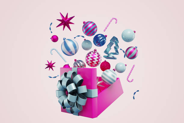 istock Christmas tree decorations fly out of an open gift box. 3d rendering 1763352938