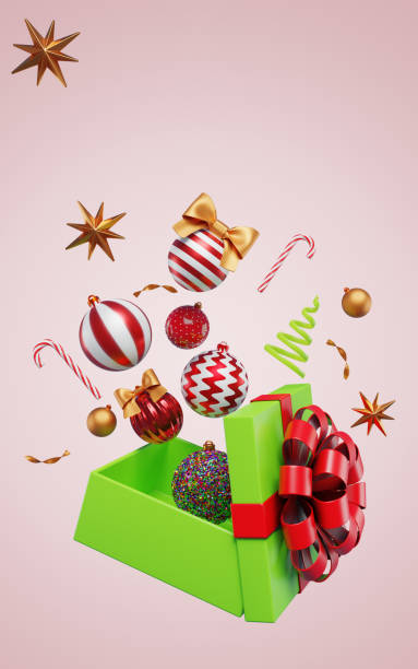istock Christmas tree decorations balls candy canes fly out of an open gift box. 3D rendering 1763352968