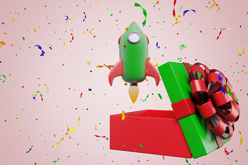The beginning of the holiday. A rocket flies out of an open gift box. 3D rendering