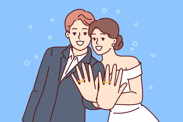 Vector illustration of Marriage ceremony of man and woman, with wide smile showing wedding rings on fingers