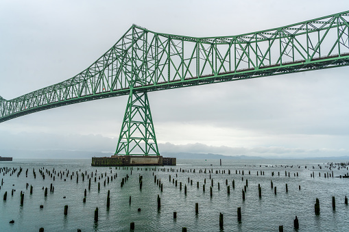 A view of the Astoria-Megler bridge in Oregon State on a moody cloudy day.