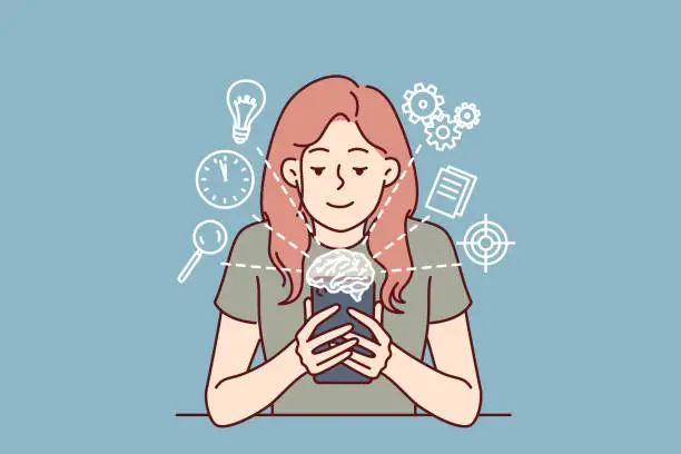 Vector illustration of Woman with mobile phone uses artificial intelligence apps to schedule or complete professional tasks