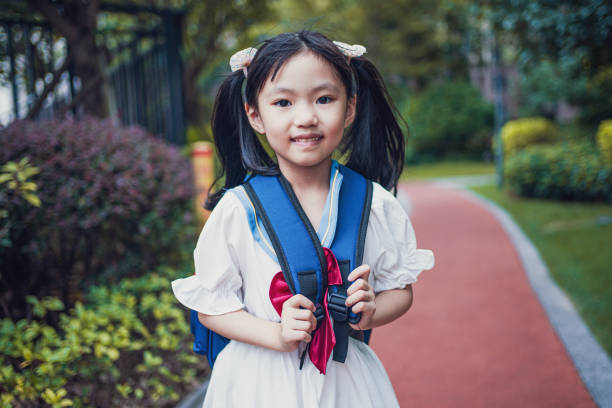 A girl carrying a backpack on her way to school，Return to school