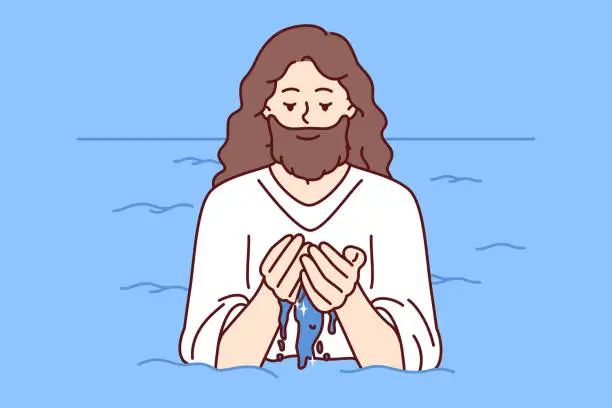 Vector illustration of Jesus stands in water and washes face, for concept of second coming god in christian religion