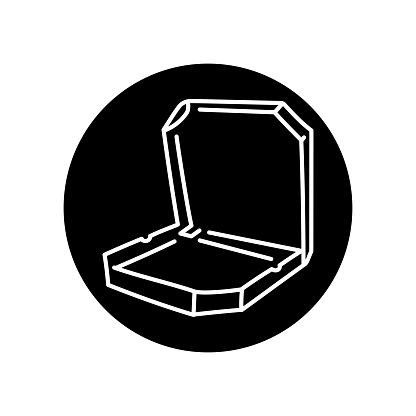 Pizza box black line icon. Takeout fastfood container. Take away package.