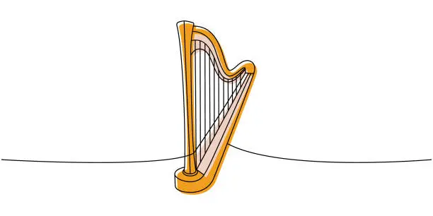 Vector illustration of Lyre, wooden harp, string instrument one line colored continuous drawing. Musical instruments continuous one line illustration. Vector illustration