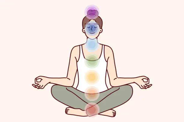 Vector illustration of Meditating woman sits in lotus position and does yoga, feeling changes in aura and surge of vitality