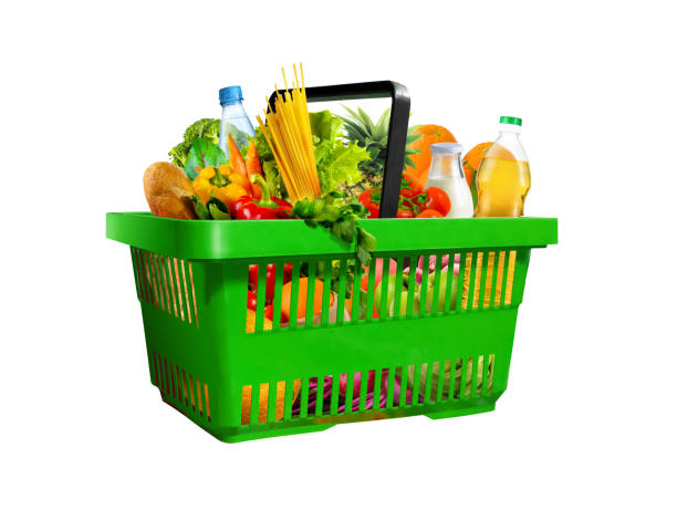 istock Green Shopping basket with assorted grocery products isolated on white 1763361559