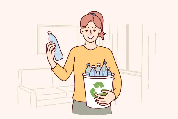 Vector illustration of Woman puts plastic bottles in recycling bin showing awareness and concern for environment