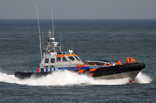 Maasvlakte, Netherlands - August 16, 2013: KNRM lifeboat Jeanine Parqui on the North Sea.