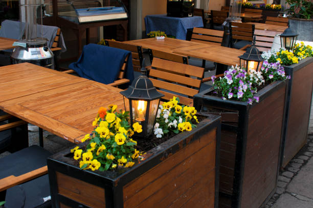 istock Wooden stands and flowers 1763377961