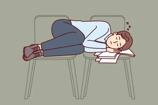 Vector illustration of Business man sleeps on office chairs due to professional burnout and overwork that caused fatigue
