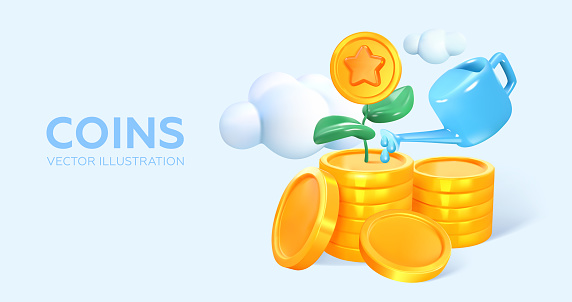 A 3D watering can waters coins. Income growth and financial success. Vector illustration