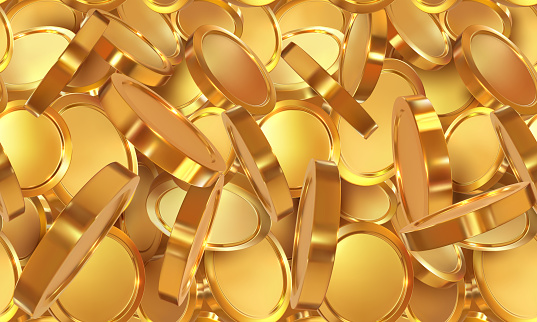Seamless pattern, gold coins are falling. Pile of coins. In 3D style. Vector illustration