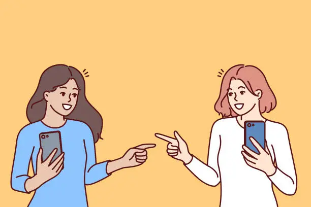 Vector illustration of Women with mobile phones point fingers at each other, rejoicing at first meeting