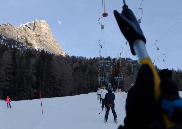 Personal perspective view from the ski-lift, the Dolomites, Italy