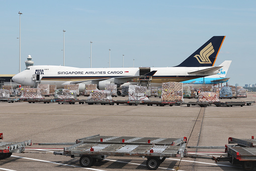 Schiphol, Netherlands - August 12, 2012: Singapore Airlines Cargo Boeing 747-400F at Amsterdam Airport Schiphol cargo ramp.