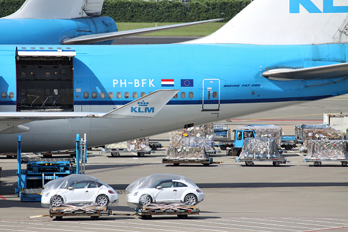 Schiphol, Netherlands - August 12, 2012: airfreight of KLM Boeing 747-400 at Amsterdam Airport Schiphol