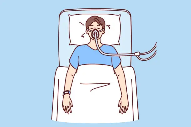Vector illustration of Sick man lies unconscious in hospital bed and receives air through ventilator due to heart attack