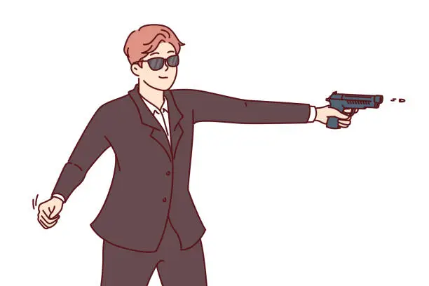 Vector illustration of Man secret agent shoots gun, dressed in formal suit and sunglasses for covert operations