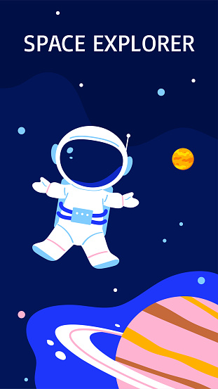 Space exploration vertical banner. Astronaut in openspace. Space travel poster. Flat vector illustration