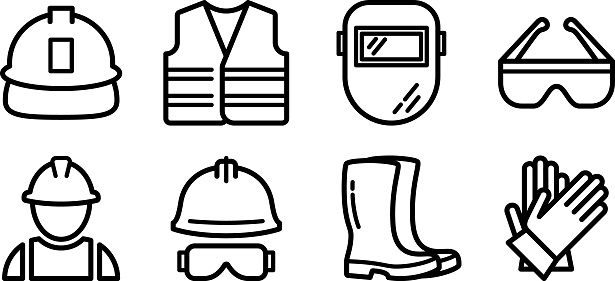Set of linear icons of construction protective equipment for web design