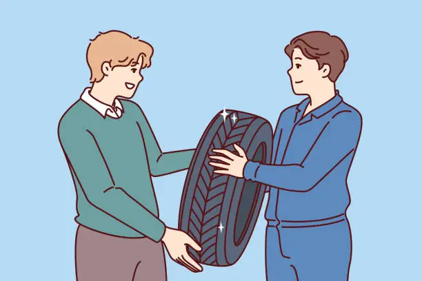 Vector illustration of Man buys new tires for car wheel and consults mechanic, who help make right choice