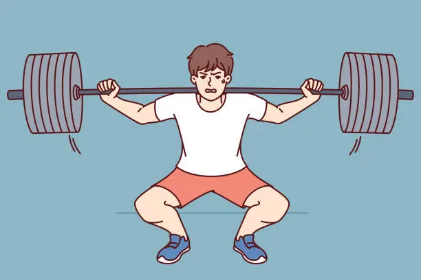 Vector illustration of Man squats with barbell on shoulders, doing weightlifting in gym and trying to set new sports record