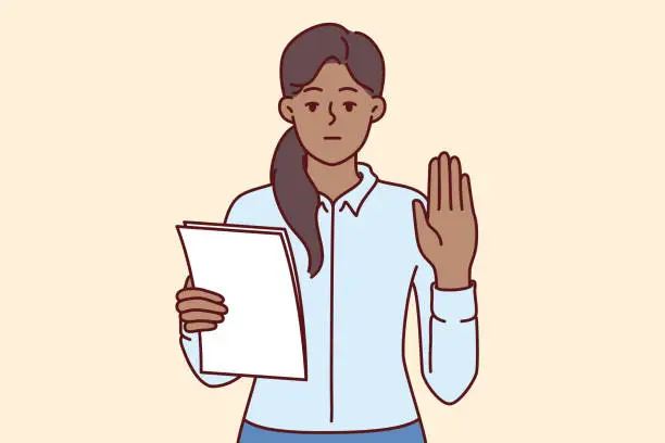 Vector illustration of Woman makes solemn oath holding documents with text inauguration and showing palm as sign sincerity