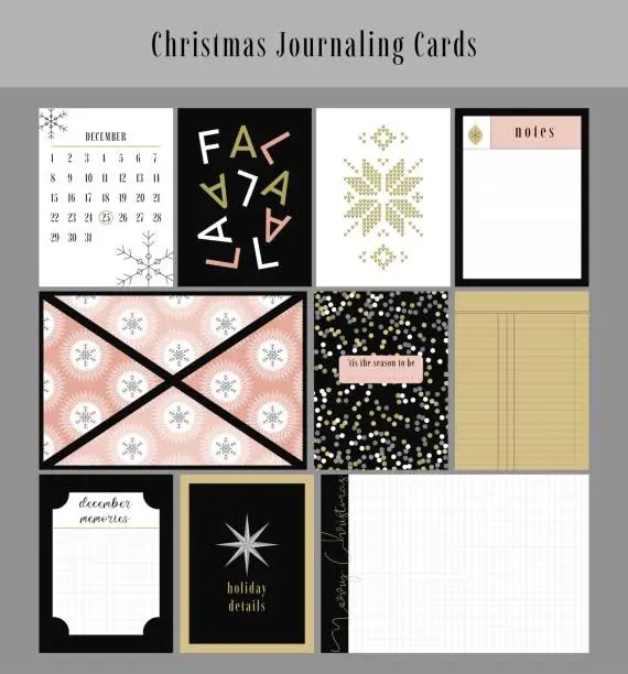 Vector illustration of Set of 10 printable creative winter holiday, Christmas theme journaling cards. Vector design templates for planners, scrapbooking, greeting cards, gift cards,blogging, notes, notebook, diary.