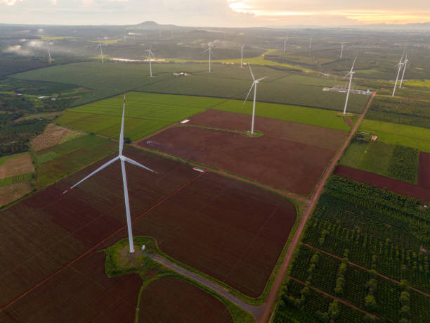 istock Panoramic view of wind farm or wind park, with high wind turbines for generation electricity with copy space. 1763445962