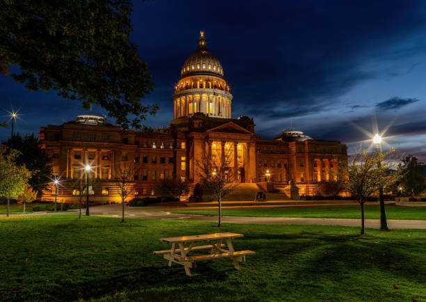 istock Yellow picnic table during blue hour at the Idaho capital 1763461122