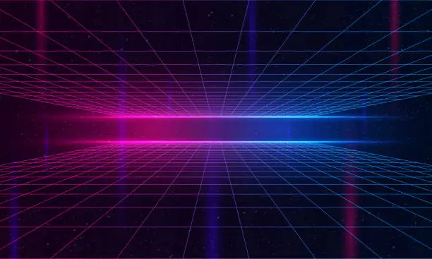 Vector illustration of Universe Retro Futuristic 80's Background 4K. Synthwave wireframe net video loop. Abstract digital background. 80s, 90s Retro futurism, Retro wave cyber grid. Deep space surfaces.Neon lights glowing