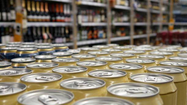 Close-up of many cans with alcohol beverage in alcohol department stock photo