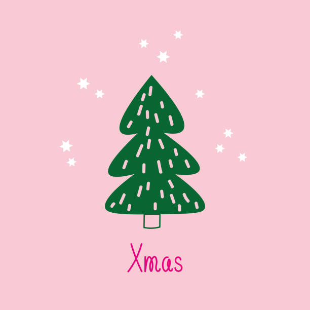Christmas tree card hand drawn flat vector illustration. Drawn in minimalist style spruce, snowflakes and text, background template for congratulations with winter holidays, design, packaging, poster Christmas tree card hand drawn flat vector illustration. Drawn in minimalist style spruce, snowflakes and text, background template for congratulations with winter holidays, design, packaging, poster. For print, card, paper, design rockefeller center illustration stock illustrations