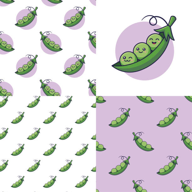 ilustraciones, imágenes clip art, dibujos animados e iconos de stock de conjunto de lindos patrones de guisantes kawaii. ilustración del icono de la historieta de la vaina del guisante. colección de patrones de guisantes - green pea pea pod vegetable cute