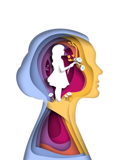 Little girl inside head of woman papercut vector illustration Little girl inside head of woman papercut vector illustration. Psychology, inner child, human individuality and memory of childhood healing concept sad woman thinking stock illustrations