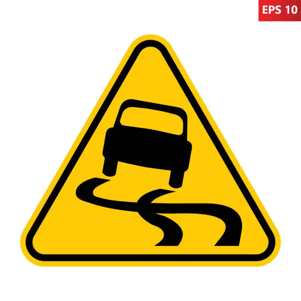 Vector illustration of Slippery road traffic sign. Skidding car symbol.