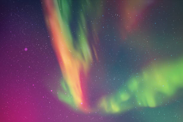 Purple green aurora borealis Colorful polar lights. Night starry sky aurora borealis orange stock illustrations