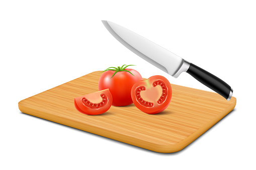 Red tomato slices on cutting board isolated on white background. Sliced tasty tomato on wooden beech cutting board with knife. Realistic 3d vector illustration