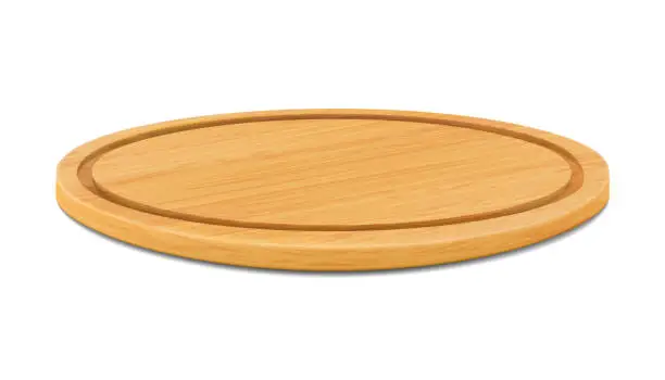 Vector illustration of Round wooden beech cutting board or cutting board for pizza isolated on white background. Trays or plate of round shapes, natural, eco-friendly kitchen utensils, realistic 3d vector illustration.