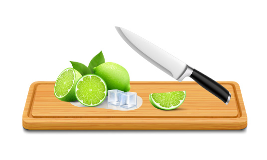 Whole and sliced lime on rectangular cutting board, isolated on white background. The green sliced juicy lime on wooden beech cutting board with knife. Realistic 3d vector illustration