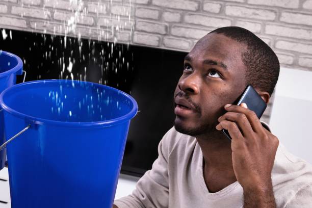 istock Couple Using Bucket For Collecting Water Leakage From Ceiling 1763521769